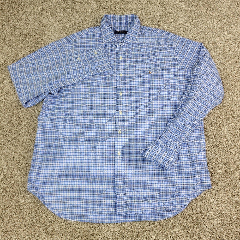 Polo Ralph Lauren Mens 2XL Blue Plaid Flesh Pony Button Up Long Sleeve - Picture 2 of 5